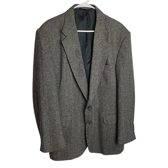 Vintage Lands End Herringbone Tweed Blazer Mens 46R Black 100% Wool Two Button - Picture 2 of 16